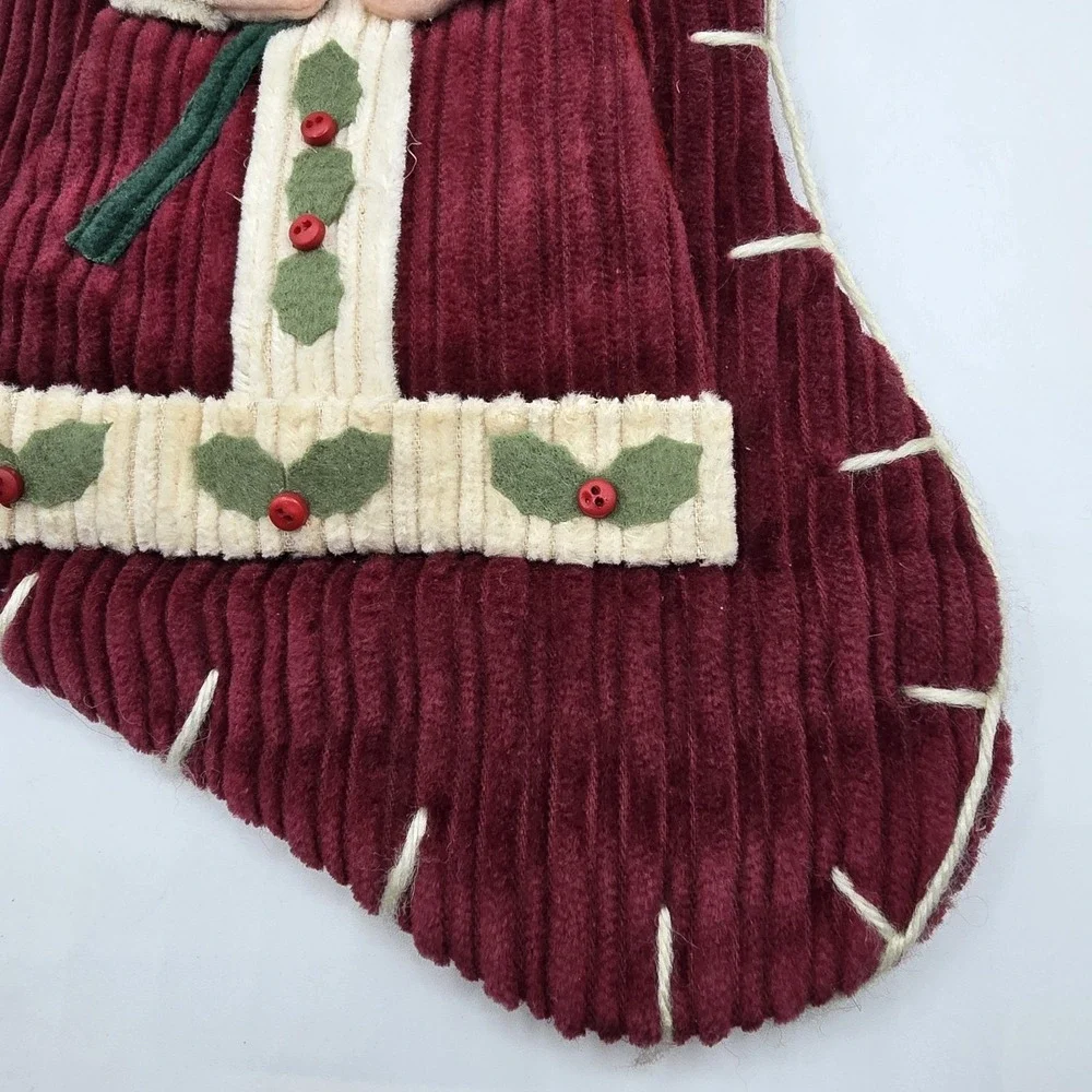 Santa‎ Claus Christmas Stocking Ribbed Corduroy Country Farmhouse Folk Art Vtg
